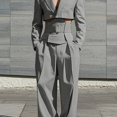 Men's Solid Cropped Waistband Design Suit & Wide Leg Pant Sets, Loose Casual Lapel Long Sleeve Blazer & Trousers for All Season, Fashion Men's Two Pieces Outfit for Daily Wear, Menswear, Clothes, Casual Pants Set, Outfits Set