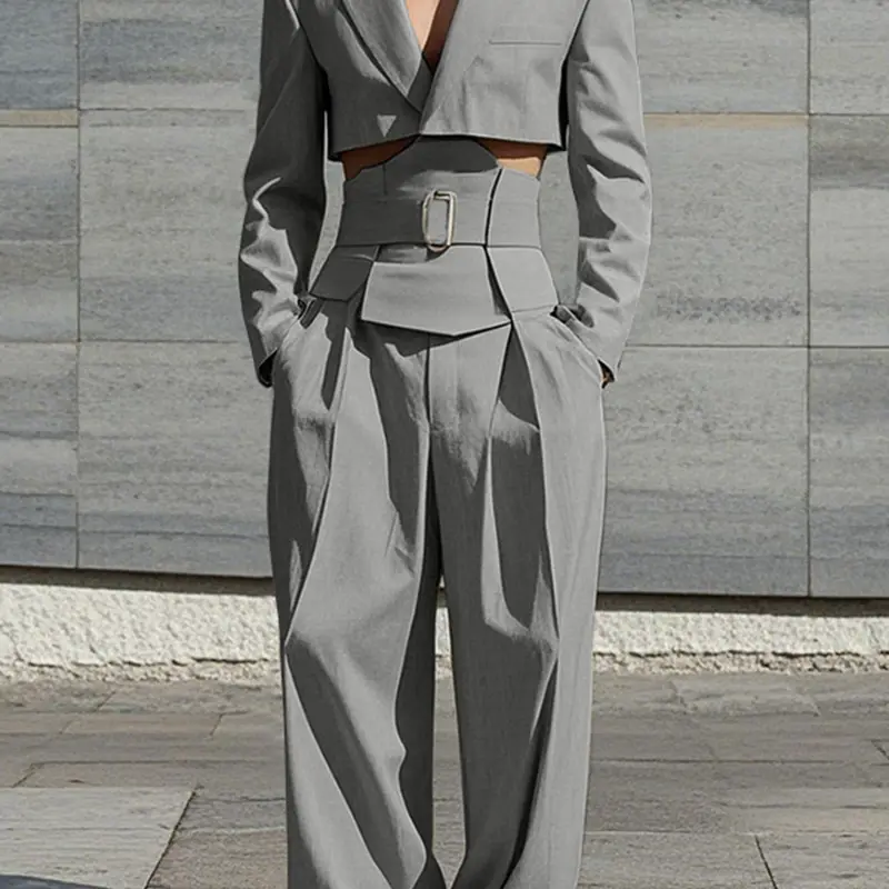 Men's Solid Cropped Waistband Design Suit & Wide Leg Pant Sets, Loose Casual Lapel Long Sleeve Blazer & Trousers for All Season, Fashion Men's Two Pieces Outfit for Daily Wear, Menswear, Clothes, Casual Pants Set, Outfits Set