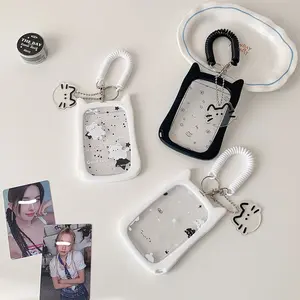 Transparent Cat Cartoon Student Elastic Rope Lanyard Card Holder, Id Badge Holder, Campus ID Bus Card Protector, Cute School Accessory