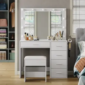 37"W 5 Drawers Vanity Desk with Power Outlet, Makeup Table with Lighted Mirror, 3 Color Lighting Modes, Modern Dressing Table Set, SummerVibe