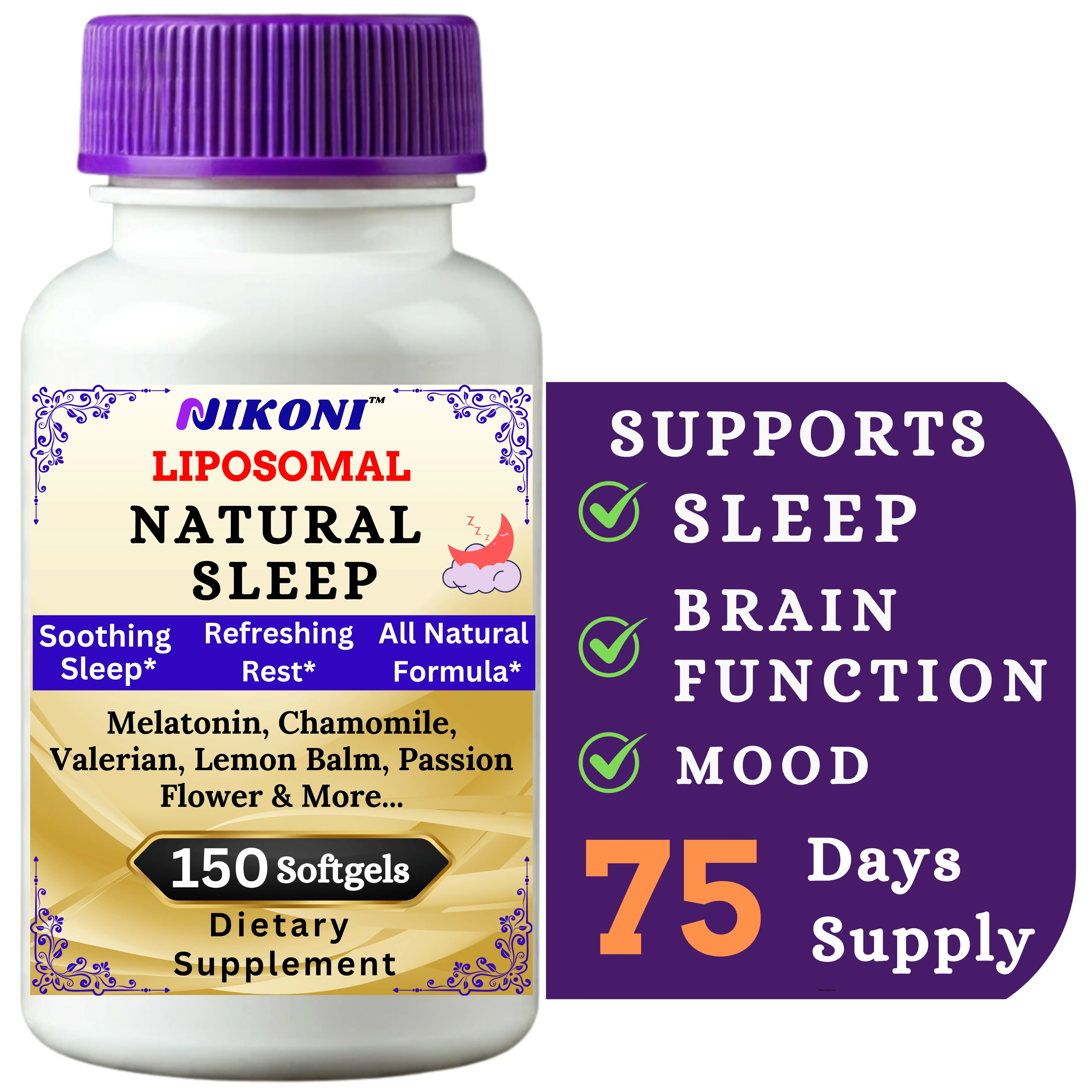 Nikoni Liposomal Natural Sleep Supplement, 150 Softgels Healthcare Fitness