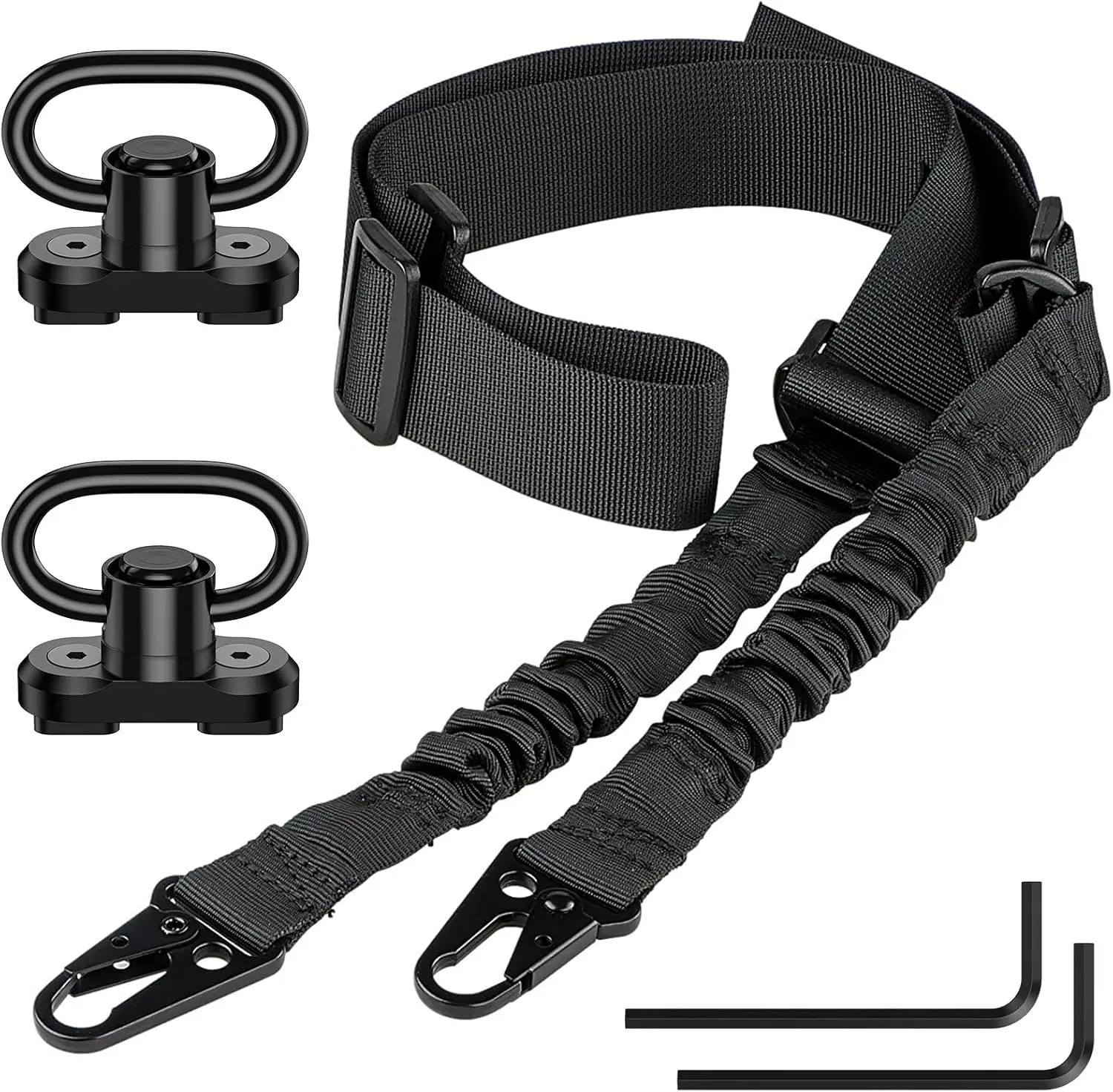 Elastic Cord 2-Point Sling Nylon Two Point Sling Adjustable Length Sling Strap with 2 Pack Sling Swivel & Opening Spring Hooks for Hunting