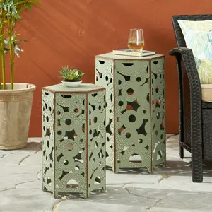 Set of 2 Parrish Iron Accent Tables, Vintage Intricate Pattern Metal Side Tables, No Assembly Required Decorative Nesting End Tables for Living Room