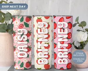 Personalized Strawberry Tumbler, Strawberry Tumbler Cup, Custom Daisy Flower Travel Mug, Berries Water Bottle, 20oz Skinny Tumbler