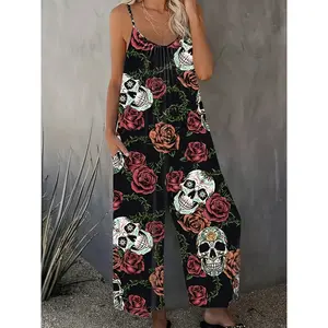 Plus-size women’s retro suspender jumpsuit with skull and rose print, loose wide-leg vacation-style one-piece pants, summer casual GARMENTARY
