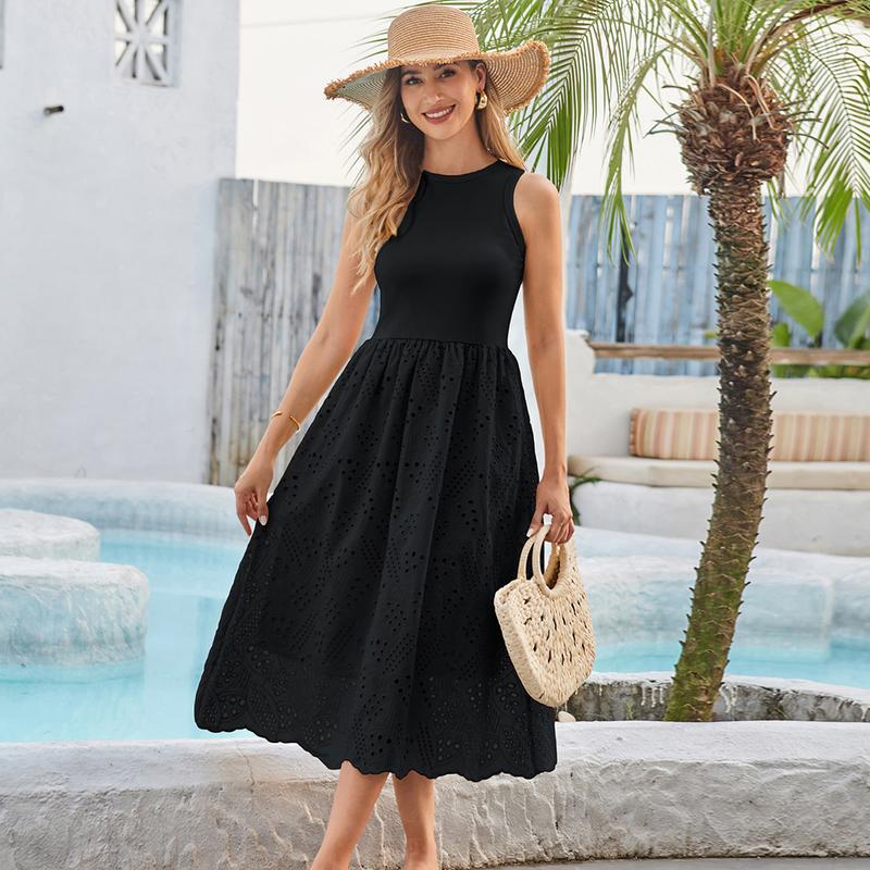 Grace Karin Women Contrast Fabric Mid-Calf Dress Sleeveless Crew Neck Flared A-Line Dress Grace Karin Women Contrast Fabric Mid-Calf Dress Sleeveless Crew Neck Flared A-Line Dress