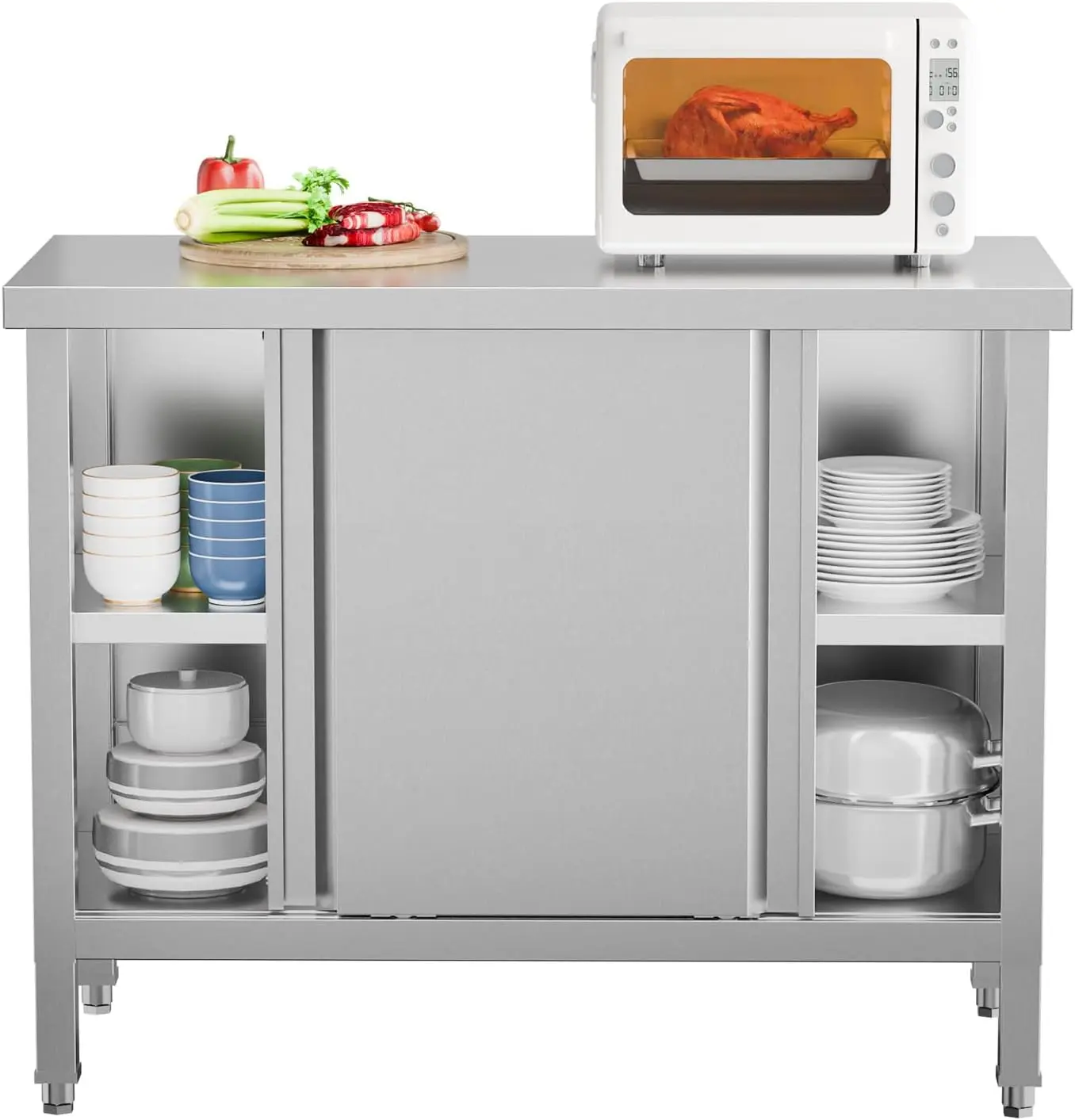 ROVSUN Stainless Steel Table with Cabinet 39 x 19 inches,NSF Commercial Heavy Duty Prep & Work Table with 2 Sliding Doors, Metal Table for Kitchen, Restaurant, Home, Hotel, Garage, Laundry
