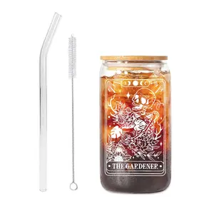 1 Set 16oz Glass Cup with Straw & Brush, Gardener Tarot Glass Cups, Gift Box Included, Cola Coffee Milk Tea Glasses, Borosilicate Glass