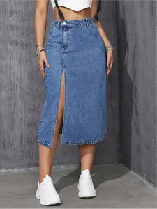 Women's High-Waisted Denim Midi Skirt, Asymmetrical Design, Button Closure, Fitted Fit, Casual Style, Perfect for Office & Leisure