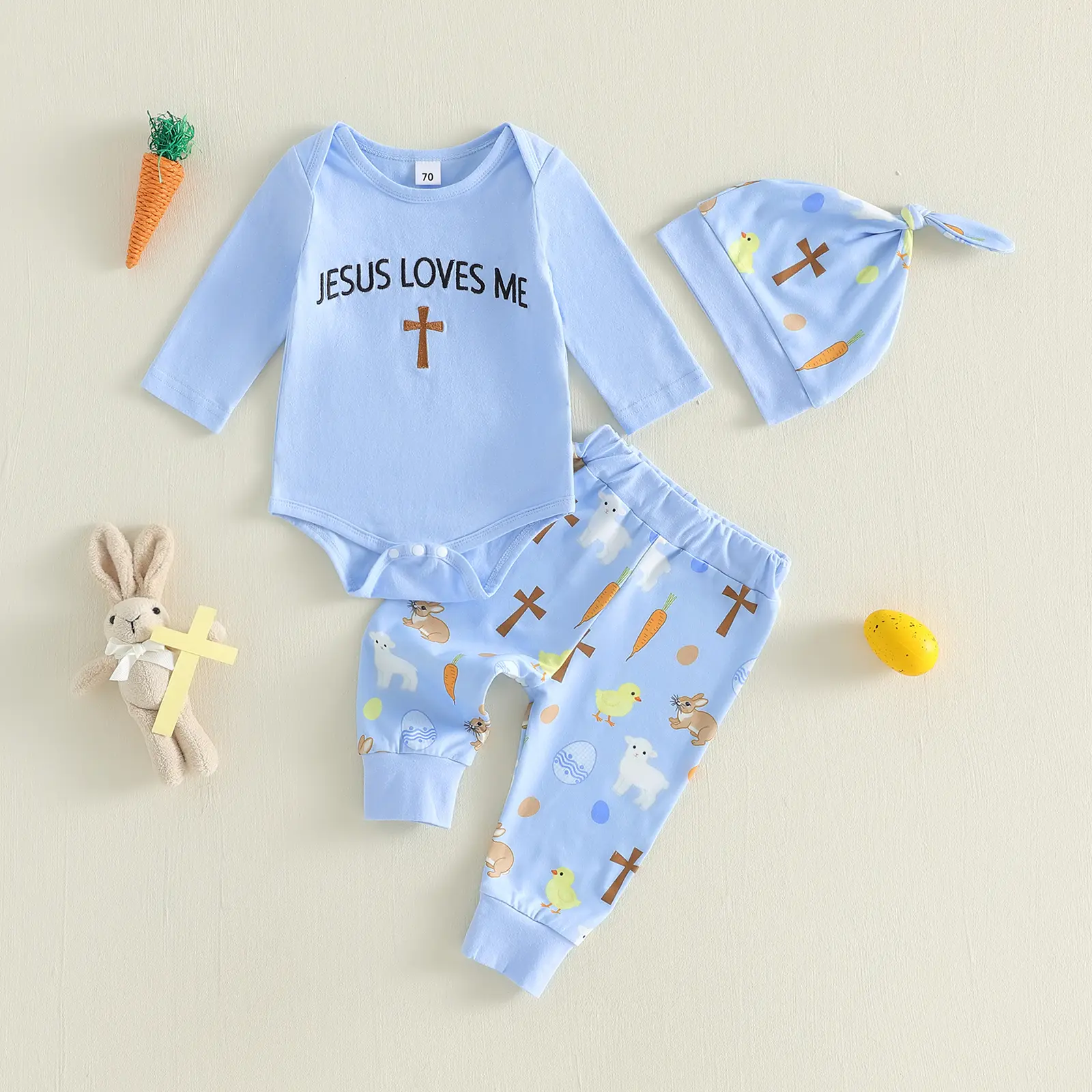Infant Baby Boy Easter Clothing Sets Long Sleeve Cross Embroidery Romper with Bunny Print Pants Hat 3Pcs Outfits 0-18 Months