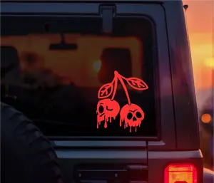 Gothic Skull Cherry Vinyl Car Decal – Alternative Aesthetic Spooky Cherries Sticker for Cars, Laptops & More – Perfect for Goth Girls, Alt Girls, Emo Aesthetic, Punk Style & Dark Romance Lovers – Weatherproof Decal for Alternative Fashion & Accessories