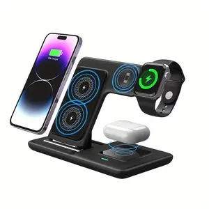 Multi-Device Wireless Charging Station Foldable 3-in-1 Fast Charging Stand Base for iWatch Series 9-5 & iPhone 17-11 Heat Dissipation Friendly