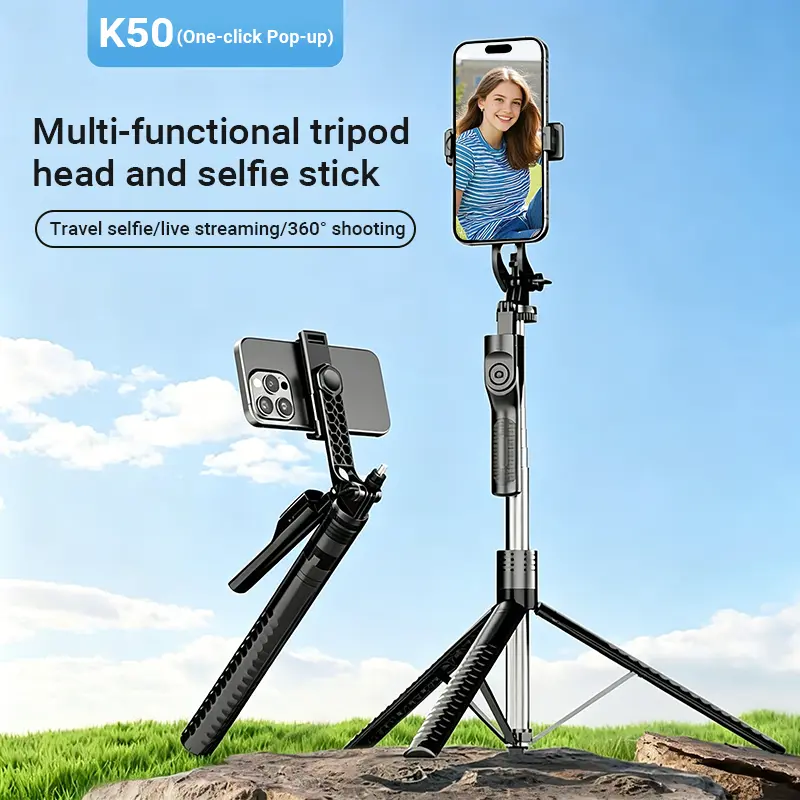 Qawtor 64-in All-in-1 Mobile Phone Tripod Accessory - Adjustable Compact Travel Selfie Stick Stand with 360° Rotating Gimbal Mount, 3-Light Modes Panoramic Fill Light, Steady Shooting for Android/iOS (Father's Day Gift)