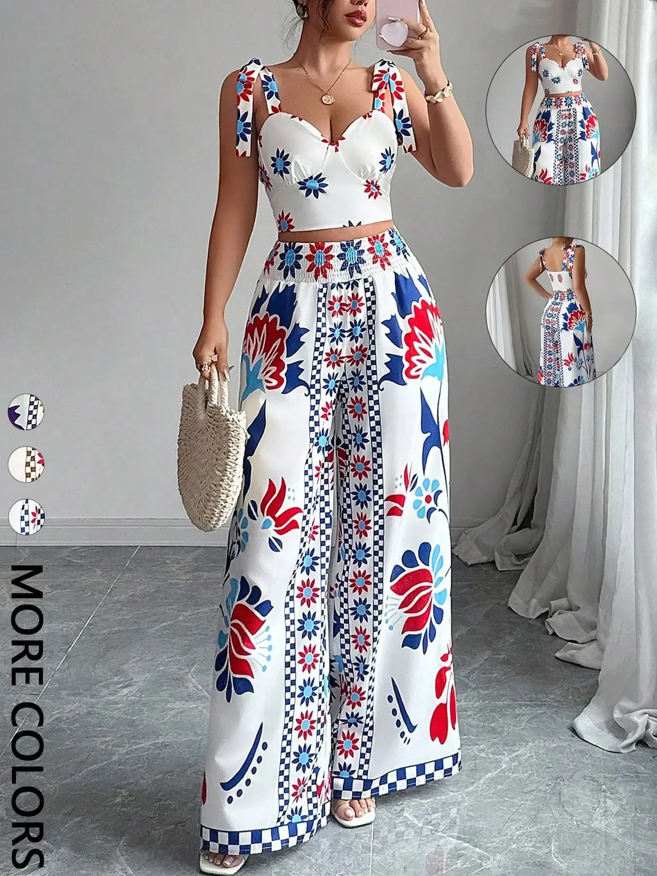 Elegant Boho Style Women's Two-Piece Set, Butterfly Halter Top & Wide-Leg Floral Printed Pants, Summer Festival Party, Casual Chic