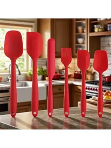 Silicone Spatulas Set of 6, Rubber Spoon Spatula Heat Resistant Spoonula One Piece Design Seamless Spatula Non-Stick Scrapers Baking Mixing Tool Black/Red Gift For Baking, Cooking