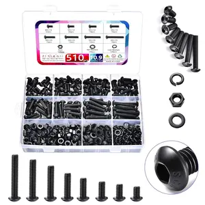 M6 Bolt Assortment Kit, 510 count M6 x 10/12/14/16/20/25/30/35mm Button  Hex Socket Cap Screws  Nuts Washer Assortment Kit 12.9 Grade Alloy Steel Black Galvanized
