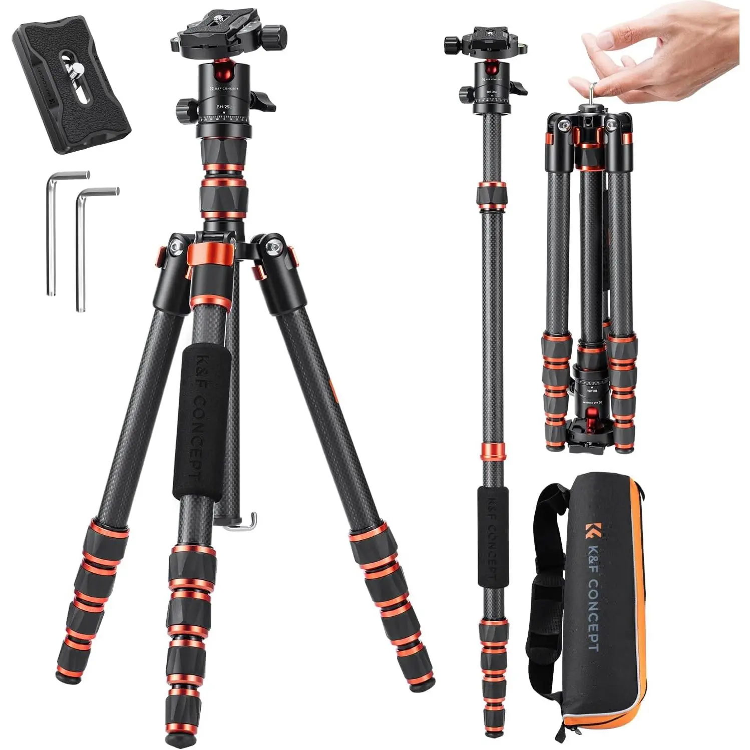 K&F Concept 60in Carbon Fibre Camera Tripod - Lightweight, Compact Fold Portable Tripod with 360-Degree Ball Head, Quick Release Plate, Lock, Metal Detachable Monopod, 17lb Load Capacity, Arca Swiss Resistance Accessories for SLR DSLR (C225C0 BA225)