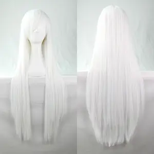 White Straight Sleek Long Full Hair Wig Side Bangs Cosplay 31 inch Long