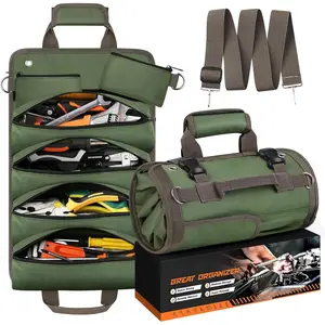 Tool Bag Roll Up, Heavy Duty Portable Soft Tool Storage, Foldable Empty Rollup Organizer with Small Pockets, Official Rollable Toolbag, Father Day Gifts for Him Dad Men Mechanic Welding, Green