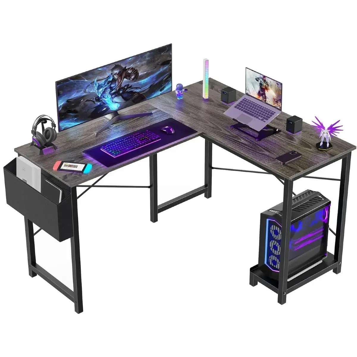 L Shaped 50 Inch Computer Gaming Desk, Reversible Corner Work Table for Writing Study with Wood Tabletop Metal Frame, CPU Storage Shelf, Side Bag for