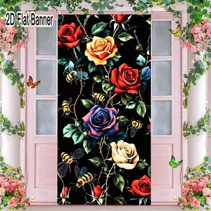 2D flat banner, 1pcVibrant Floral Backdrop with Roses Bees - Red Orange Blue Purple Rose Pattern, Black Background Decor for Party Photography, Social Media Video, Event Decorgalentines party decor, valentine day decor, decorations for valentines day