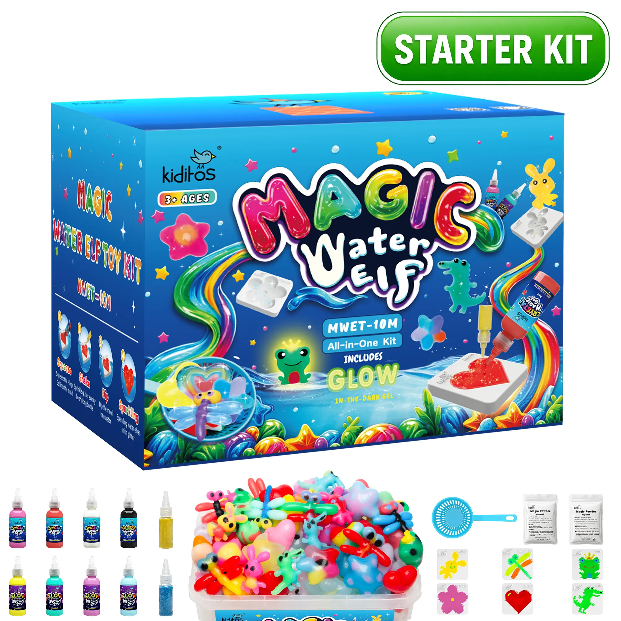 Kiditos Glow Magic Water Elf Kit for Kids, Glitter Edition, 8 Magic Gels, 2 Glitter Powders & 6 Molds, DIY Aqua Gel Water Pets Toy Ages 3+