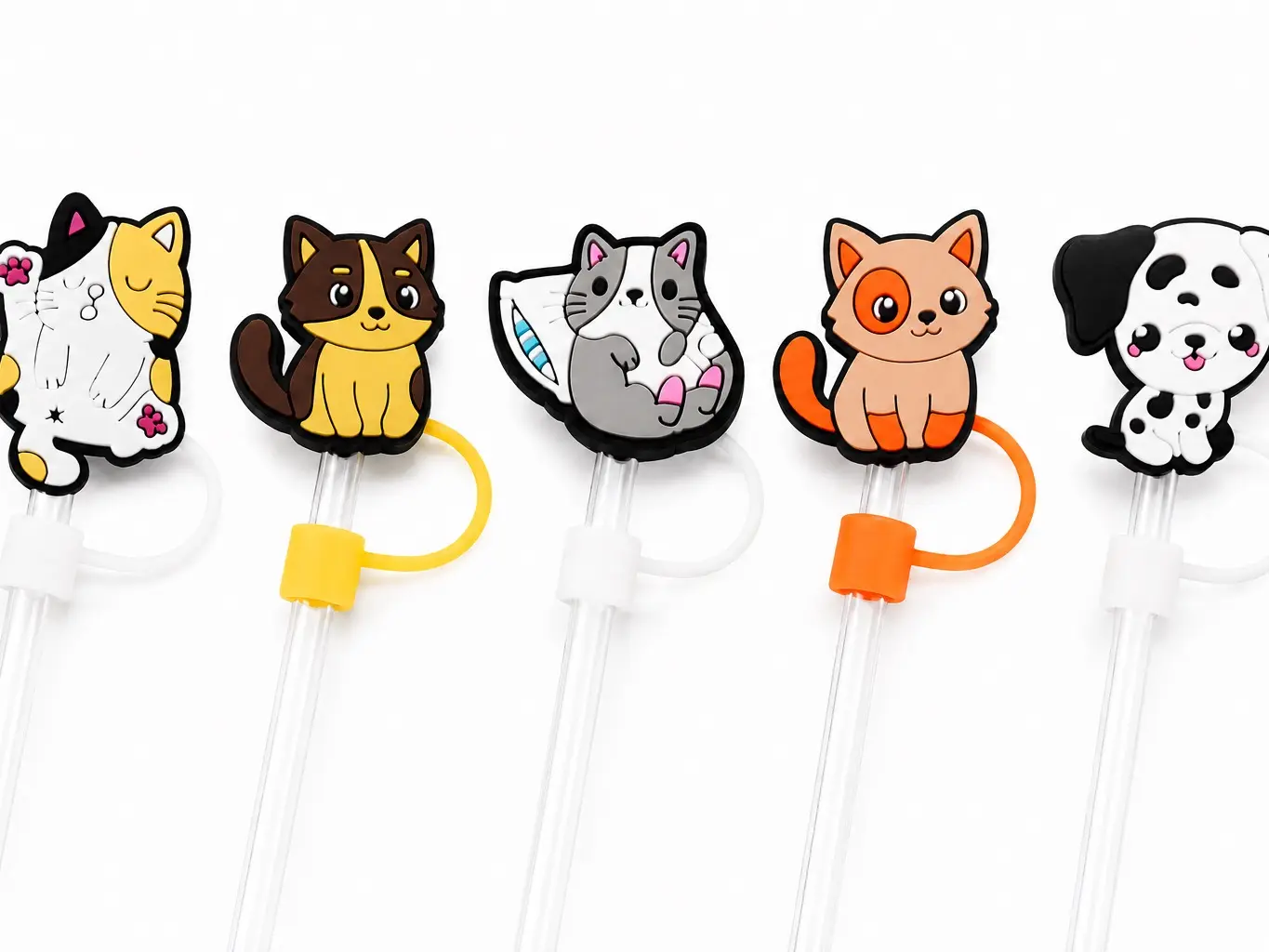 5PCS Cute Animal Straw Topper Set, Silicone Straw Covers for Stanley Cup 10mm Straw, Reusable Drink Protector