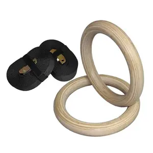 Indoor Gym Fitness Rings Set, Wooden Pull-Up Bar with Fabric Straps, Home Use Exercise Equipment, Durable Wood Material