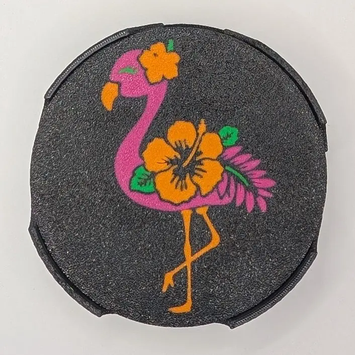Cork Backed Round Plastic Flamingo Coaster Set with Holder - 4-Piece, 4in Diameter, 5mm Thick, Durable, Waterproof, Non-Slip Protective Placemats & Coasters, Kitchen Tableware Accessory That Fits Large Mugs