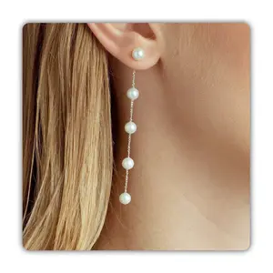 Silver Pearl Earrings for Women S925 Dangle Tassel  Earrings Dainty Pearl Elegant Earrings as Prom Wedding Jewelry for Brides Birthday