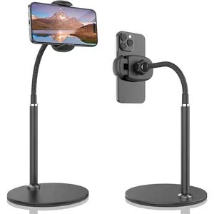 Cell Phone Stand, Adjustable Height & Angle Gooseneck Stand for Desk Flexible Arm Universal Holder,  Alloy Desktop Recording Compatible with 3.5"-7" Device (Black)
