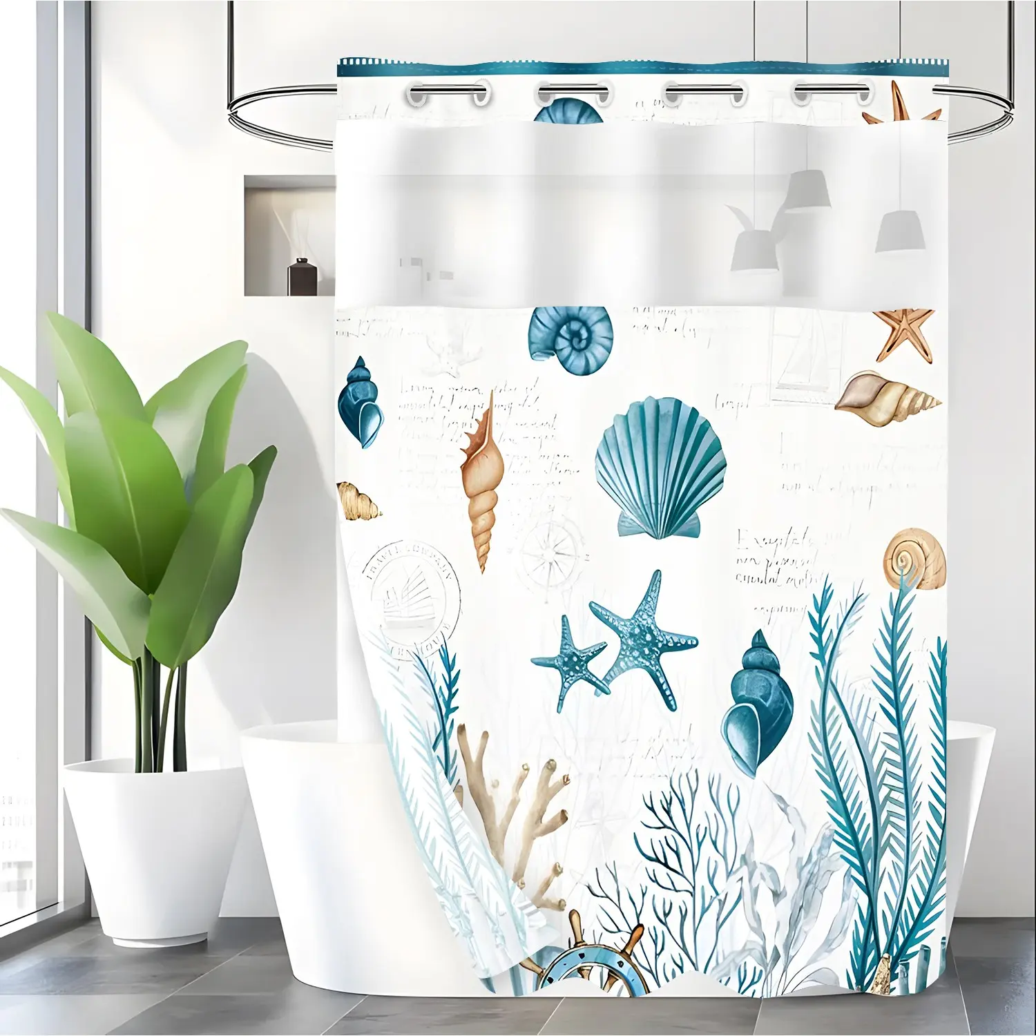 LVRLVR 1pc Coastal Nautical Fabric Pretty Shower Curtain with Seashell and Starfish, Sheer Top Window, Detachable Liner & No Hook C-Ring, 70.8" x 74"