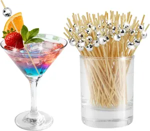 100 Pcs Disco Ball Cocktail Picks Silver 4.7 Inch Wooden Skewers for Appetizers Party Supplies Dinnerware Stirring Utensils