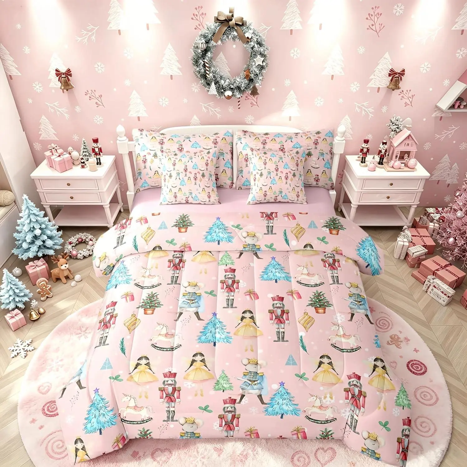 Christmas Nutcracker Decorative Bed in a Bag Cartoon Mouse Soldier Royal Guarder Princess Comforter Set With Sheets 7 Piece Xmas Pine Tree Snowflake Bedding Set Gifts Pink