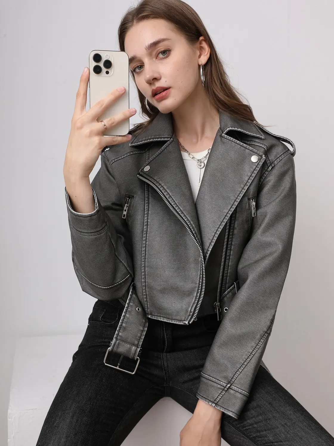 Leather Jacket for Women, Cropped Faux Leather Moto Jacket with Belt, Motorcycle Biker Coat, Long Sleeve Zip-Up Streetwear Outerwear, Slim Fit Fall Jacket for Date Night, Going Out & Everyday Wear