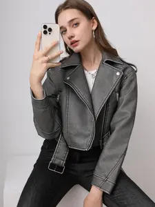 Leather Jacket for Women, Cropped Faux Leather Moto Jacket with Belt, Motorcycle Biker Coat, Long Sleeve Zip-Up Streetwear Outerwear, Slim Fit Fall Jacket for Date Night, Going Out & Everyday Wear