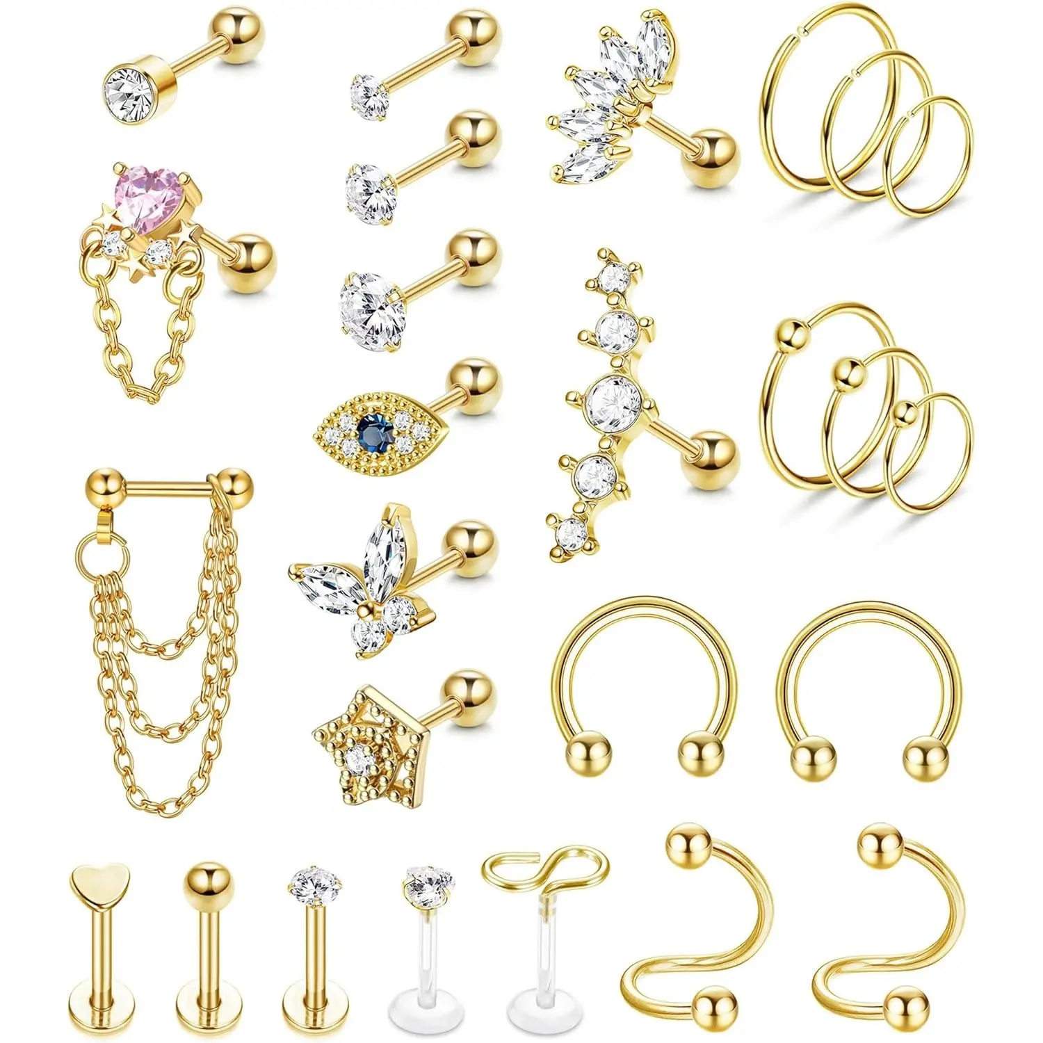 YADOCA Hypoallergenic Conch Piercing Jewelry 16G Helix Tragus Daith Piercing Jewelry Conch Earring Cartilage Earrings for Women Men CZ Stud Hoop Earring 316L Stainless Steel 26 Pcs