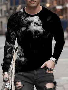 Cool Wolf Head Graphic Long Sleeve T-Shirt Men, Fashion Street Trendy Print Top, Casual Fitted Long Sleeve Tee for All Seasons