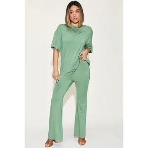 Basic Bae Full Size Bamboo Drop Shoulder T-Shirt and Flare Pants Set