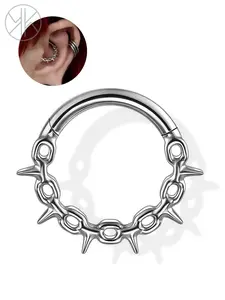 16G Titanium Septum Ring Hinged Clicker Hoop with Spike Chain - G23 Hypoallergenic Nose Ring for Women Men, Cartilage Helix Daith Tragus Conch Piercing Jewelry Suspension Display Box