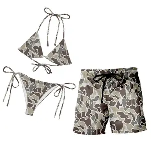 Matching Couple Swimwear - Heritage Duck Camo String Bikini & Men's Board Shorts Set | Old School Hunting Style Outdoor Swimsuits, Quick-Dry Camouflage Beachwear for Lake & Boat Life, Country Couple Gift, Retro His and Hers Matching Outfits Summer