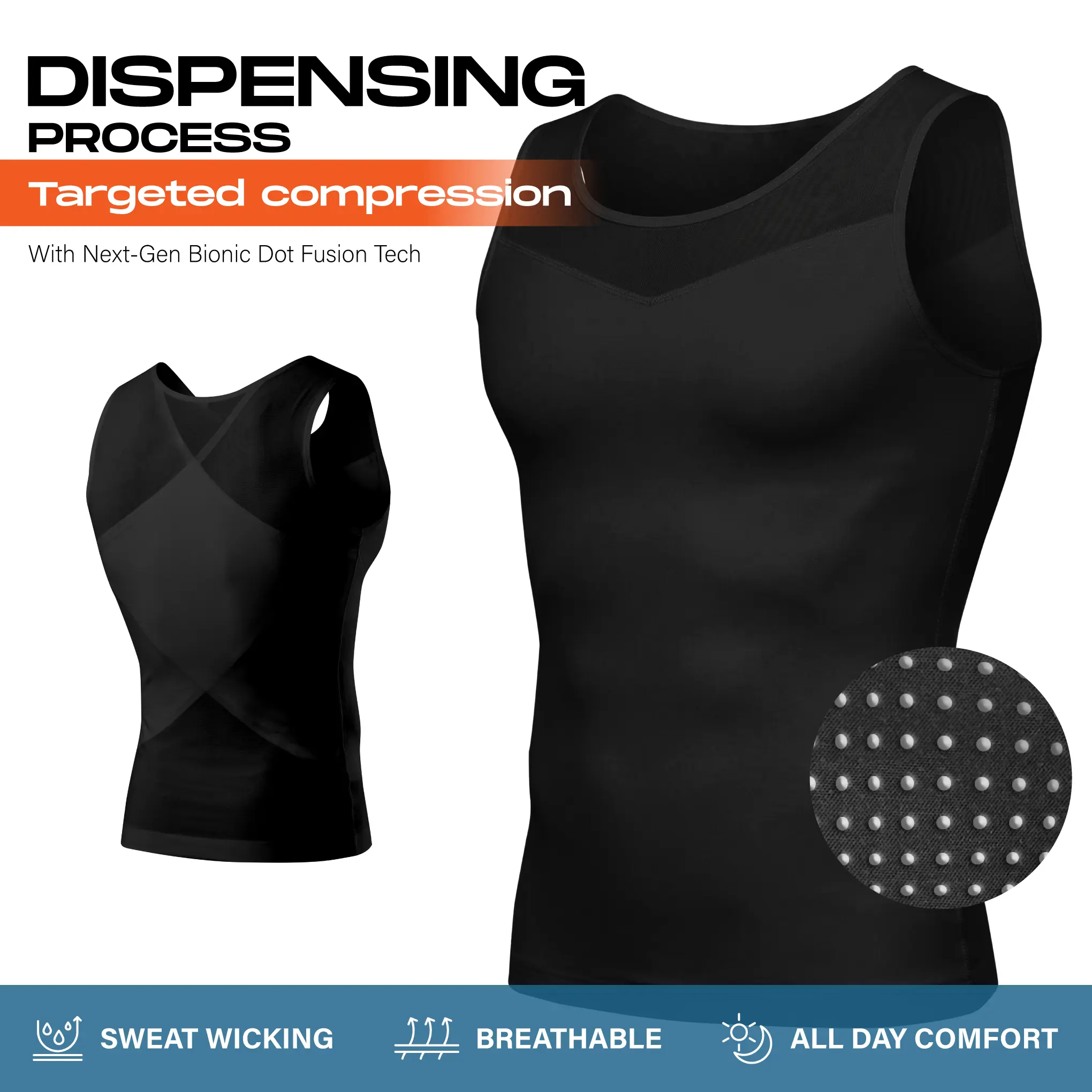 【ruflum】Men's Compression Fitted Shapewear Vest, Seamless Undershirt with Tummy Support, Man Boob Hiding, X-Shape Back Posture Correction, Breathable Mesh Fabric for Formal Events, Sports