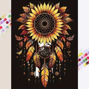 5D DIY Full Drill Round Diamond Painting - Diamond Art Kit Sunflower, Dreamcatcher, Feather Mosaic, Canvas - DIY Decorative Painting, Home Wall Decor, Suitable for Halloween and Christmas, Birthday and Anniversary Gifts, Diamond Painting Kits