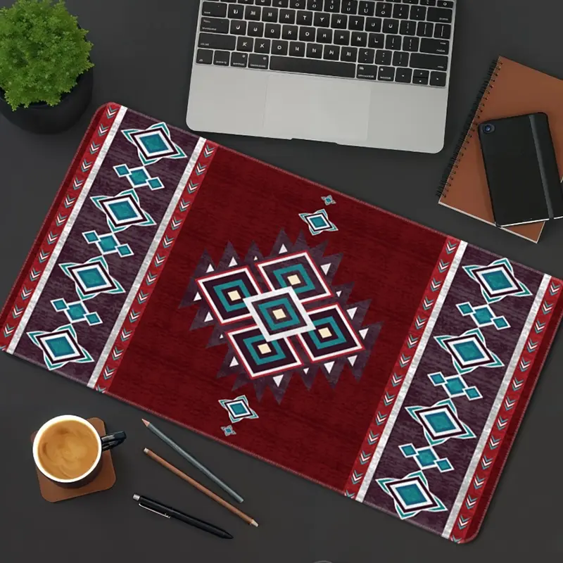 Tribal Geometric Design Mouse Pad Native American Gaming Mouse Pads Burgundy Teal Mousepad XXL Rubber Stitched Edges Keyboard Pad Desk Accessories Large Extended Desk Decor For Office