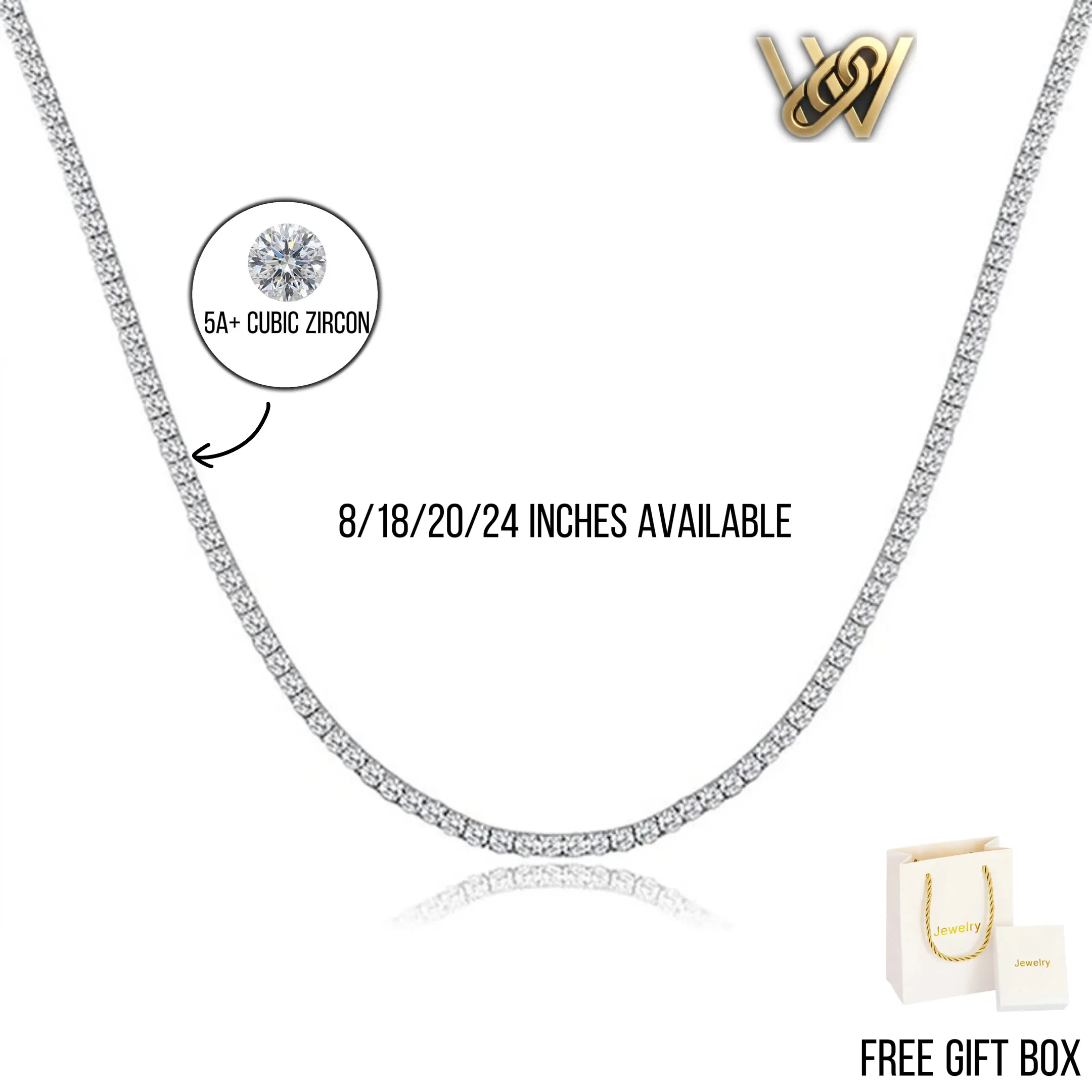 Quick Vault unisex tennis necklace, 3 mm/5 mm simulated diamond, 14K gold-plated classic chain with upgraded box clasp, hip-hop bling jewelry gift for women and men (18/20/24 inches)
