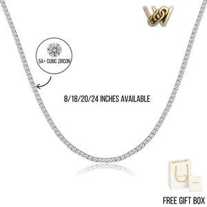 Quick Vault unisex tennis necklace, 3 mm/5 mm simulated diamond, 14K gold-plated classic chain with upgraded box clasp, hip-hop bling jewelry gift for women and men (18/20/24 inches)