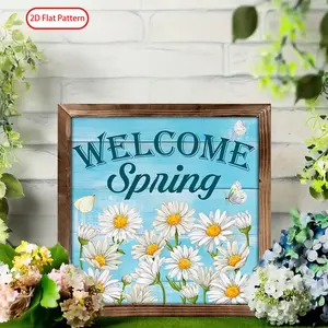 (2D Flat)  1PC 8 x 8 Inches Ramadan Wooden Sign, Vintage Welcome Spring Daisy Butterfly , Wooden Frame Art ,  Islamic Eid Mubarak Decor Perfect Eid Gift for Coffee Bar & Window Sill Living Room & Prayer Room