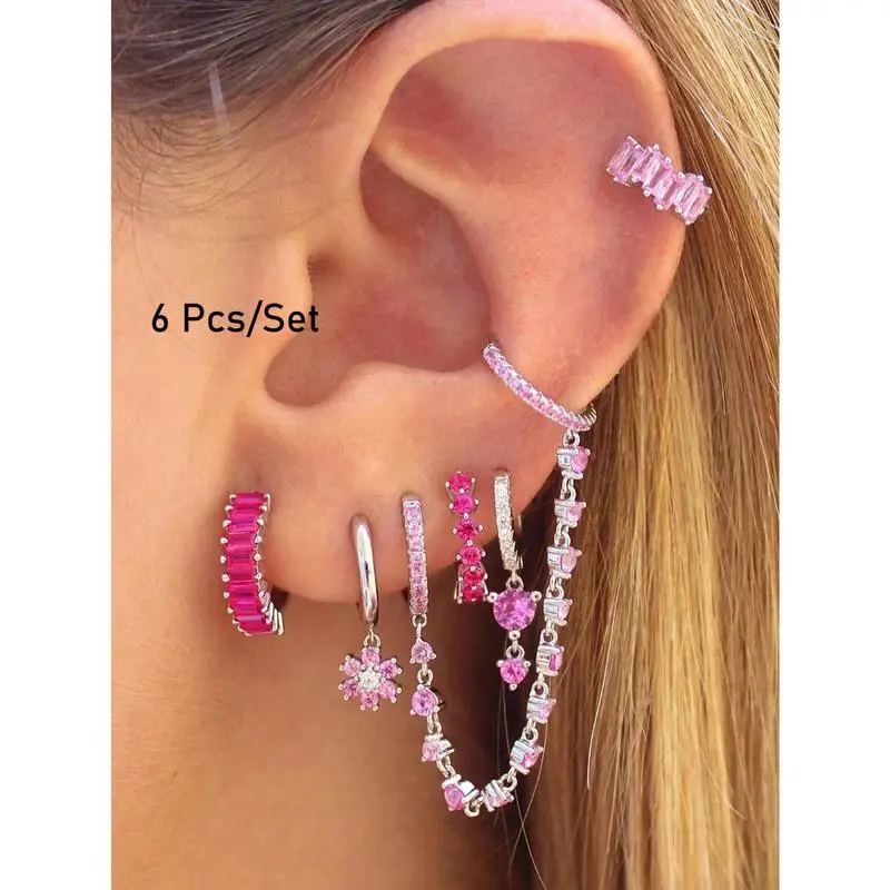 6 Pcs Lovely Gold Filled Cubic Zirconia Dangle Earrings For Women Pink Cubic Zirconia Flower Hoop Earrings Set Fashion Jewelry Valentines 6 Pcs Lovely Gold Filled Cubic Zirconia Dangle Earrings For Women Pink Cubic Zirconia Flower Hoop Earrings Set Fashion Jewelry Valentines