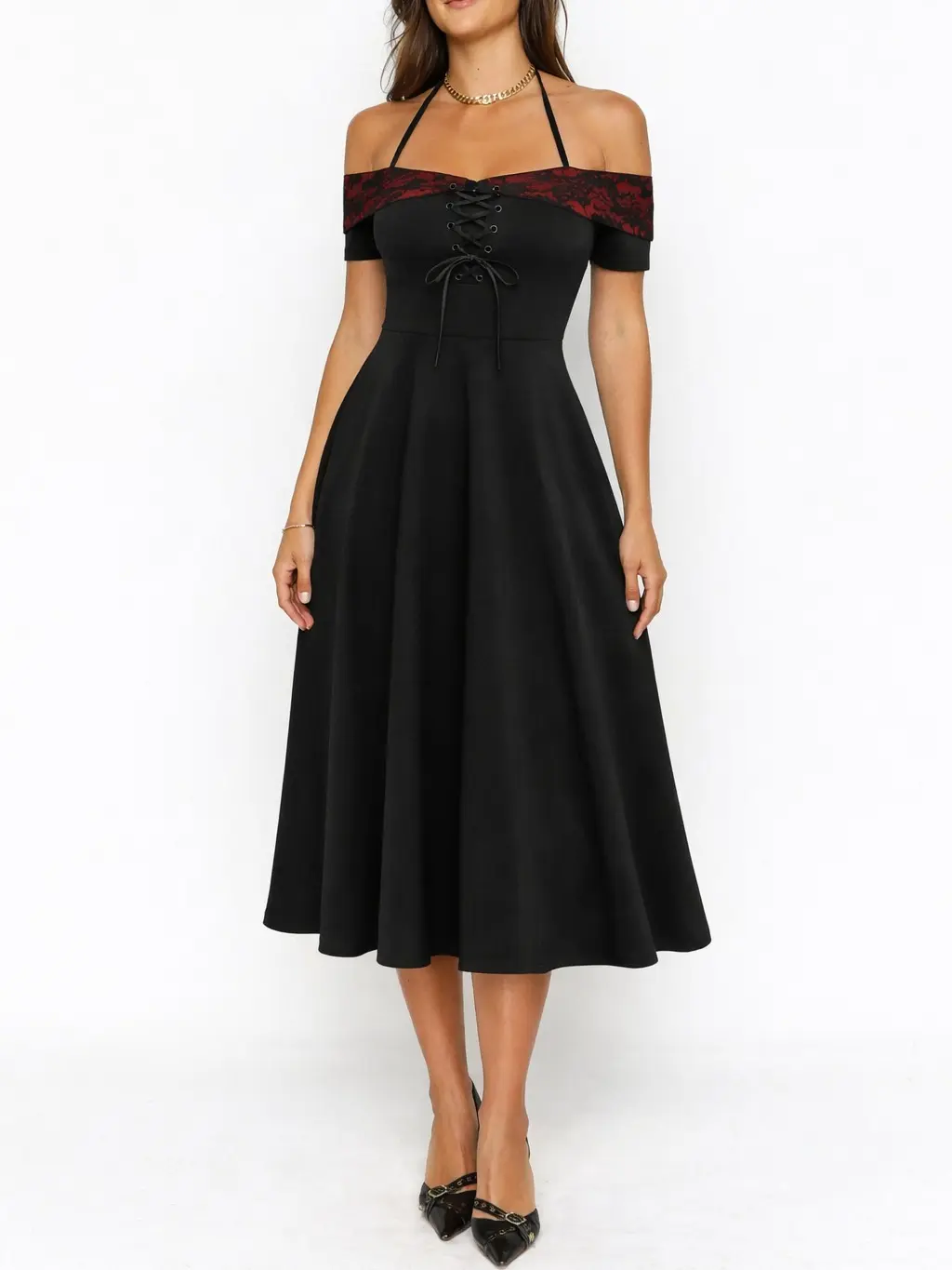 Women dresses for summer Chic A-Line Off-Shoulder summer dresses for 2026 Halter Black Casual sundress - Lace-Up Closure maxi dress , Goth Everyday Wear for Spring Summer 2026, Outdoor Activities, Colorblock Casual Dresses Womenswear Style bouncy dresses