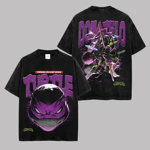Donatello Teenage Mutant Ninja Turtles Premium Acid Washed Cotton T-Shirt TMNT Retro Anime Streetwear Graphic Tee Vintage Purple Ninja Turtle Oversized Black Unisex Shirt Front Back Print